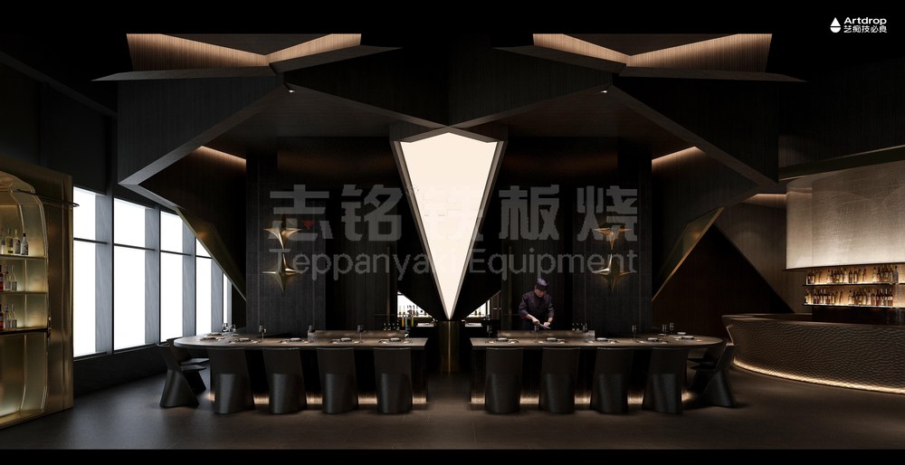 3D渲染图、装修效果图、铁板烧餐厅，铁板烧设备实景图。